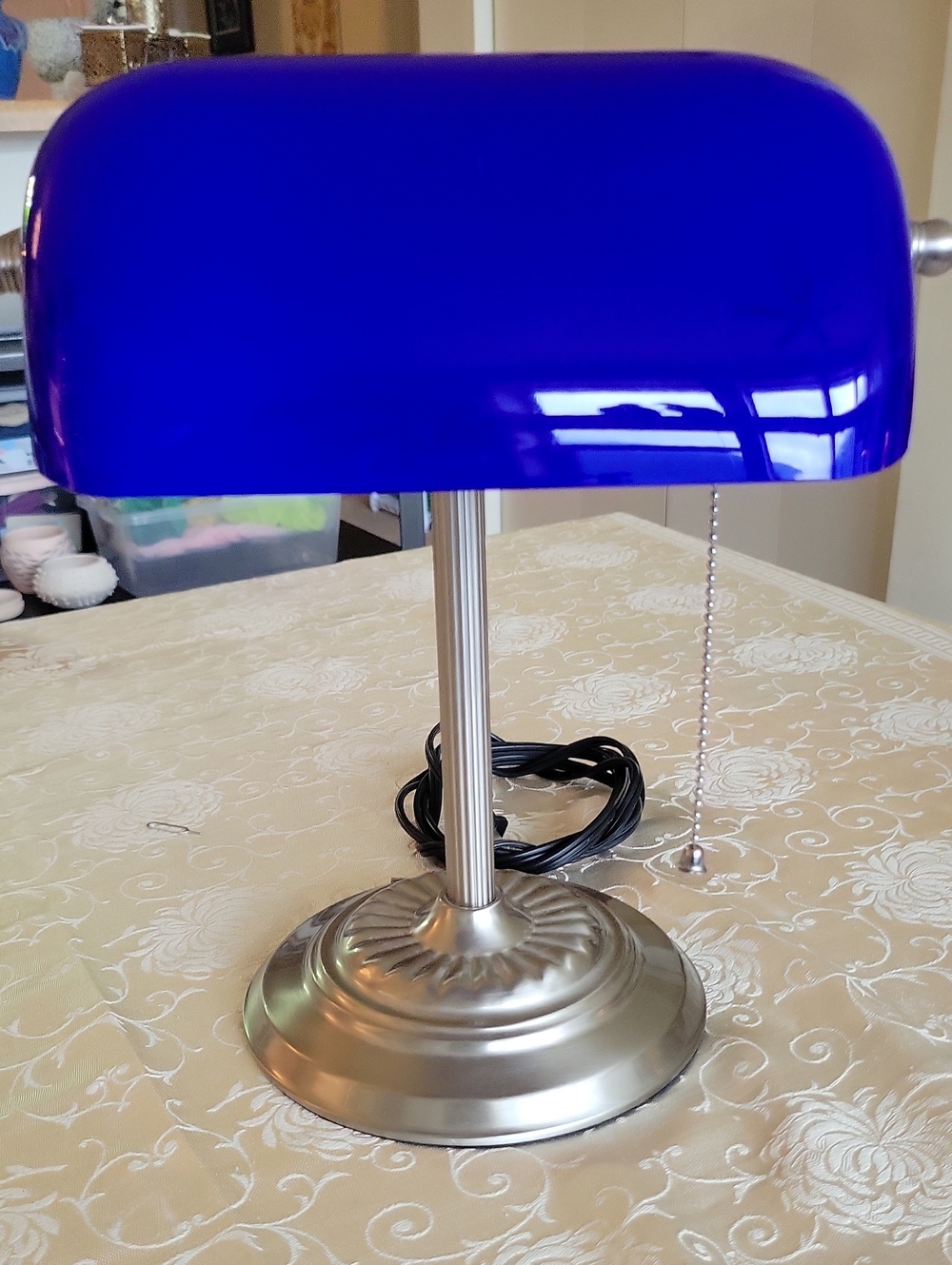 Blue Glass Bank-Style Desk Lamp with Brushed Metal Base